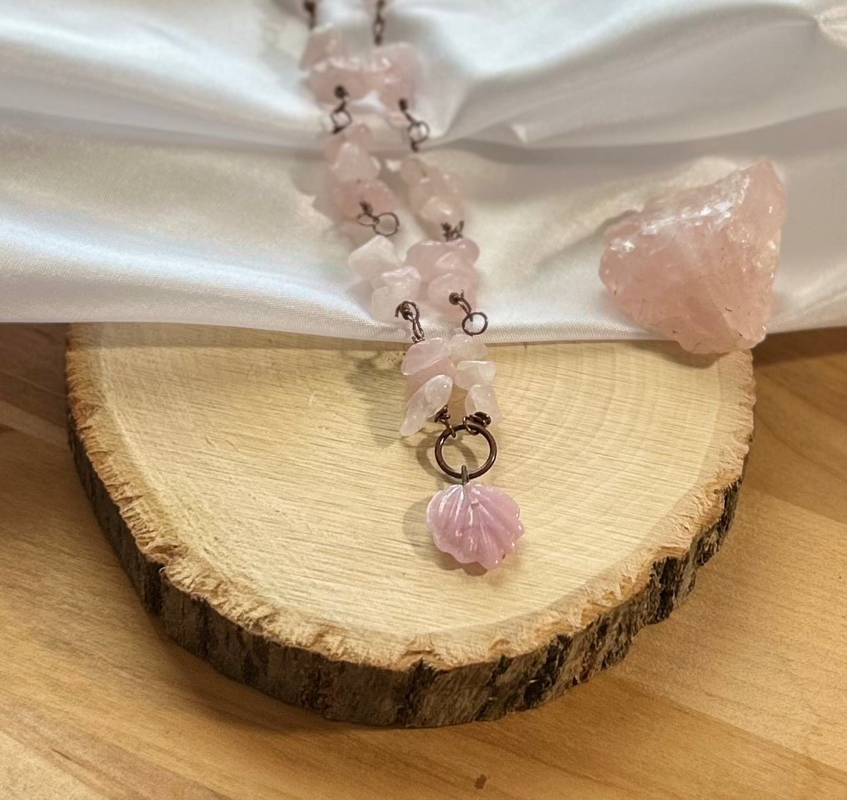 Rose Quartz Chip Necklace with Bronze Wire & Shell Charm