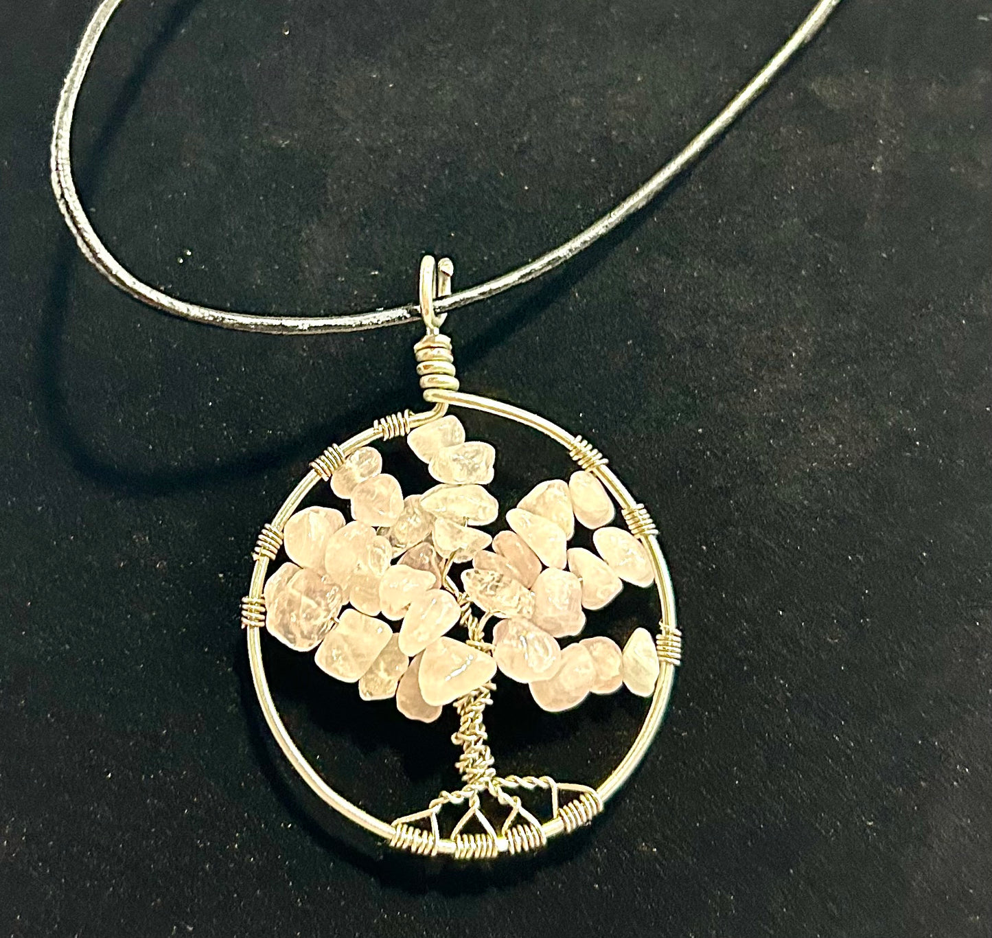 Rose Quartz Tree of Life - Silver Wire on Black Leather Cord