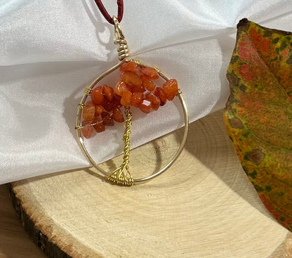 Carnelian Tree of Life Necklace - Gold Wire on Red Leather Cord