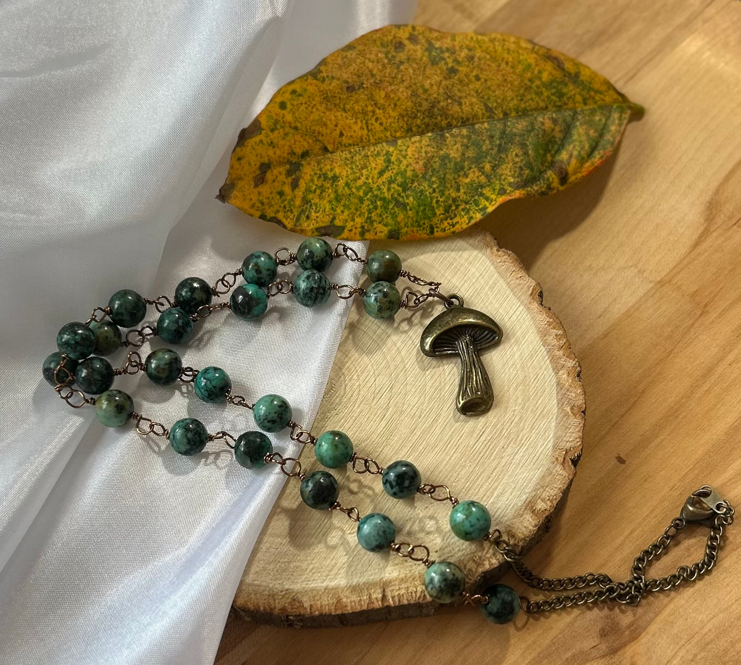 Chrysocolla Beaded Necklace With Bronze Mushroom Charm
