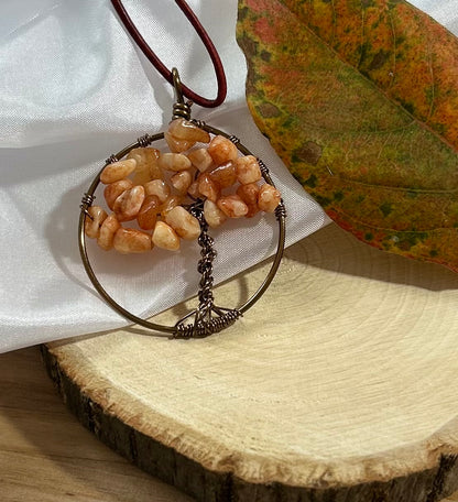 Carnelian Tree of Life Necklace - Bronze Wire on Red Leather Cord