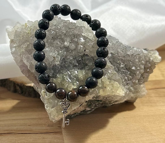 Tigers Eye and Lava Rock Bracelet with Key Charm - 8mm