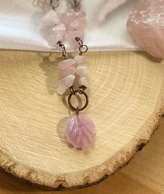 Rose Quartz Chip Necklace with Bronze Wire & Shell Charm