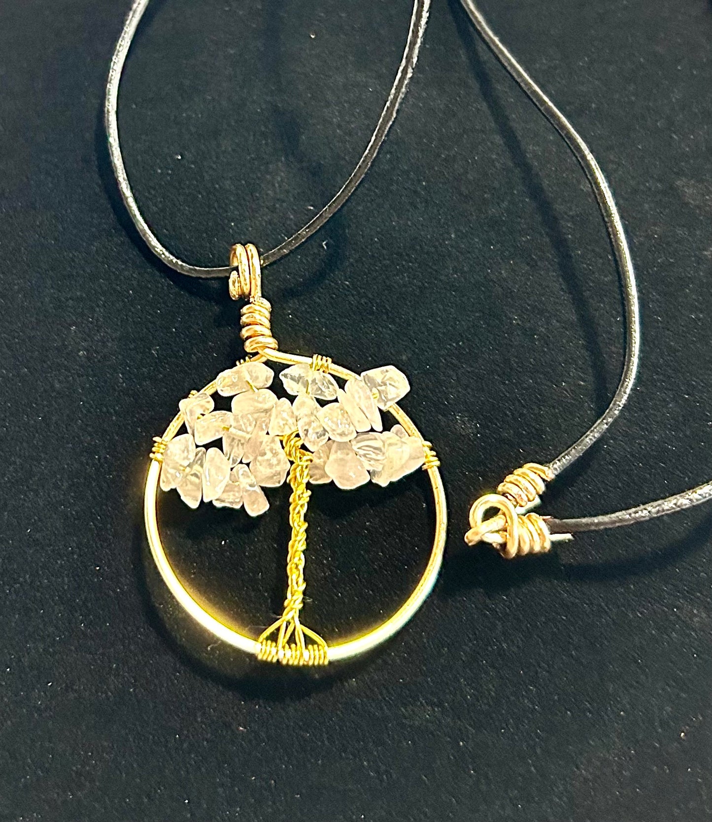 Rose Quartz Tree of Life - Gold Wire on Black Leather Cord