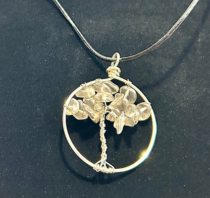 Smokey Quartz Tree of Life - Silver Wire on Back Leather Cord