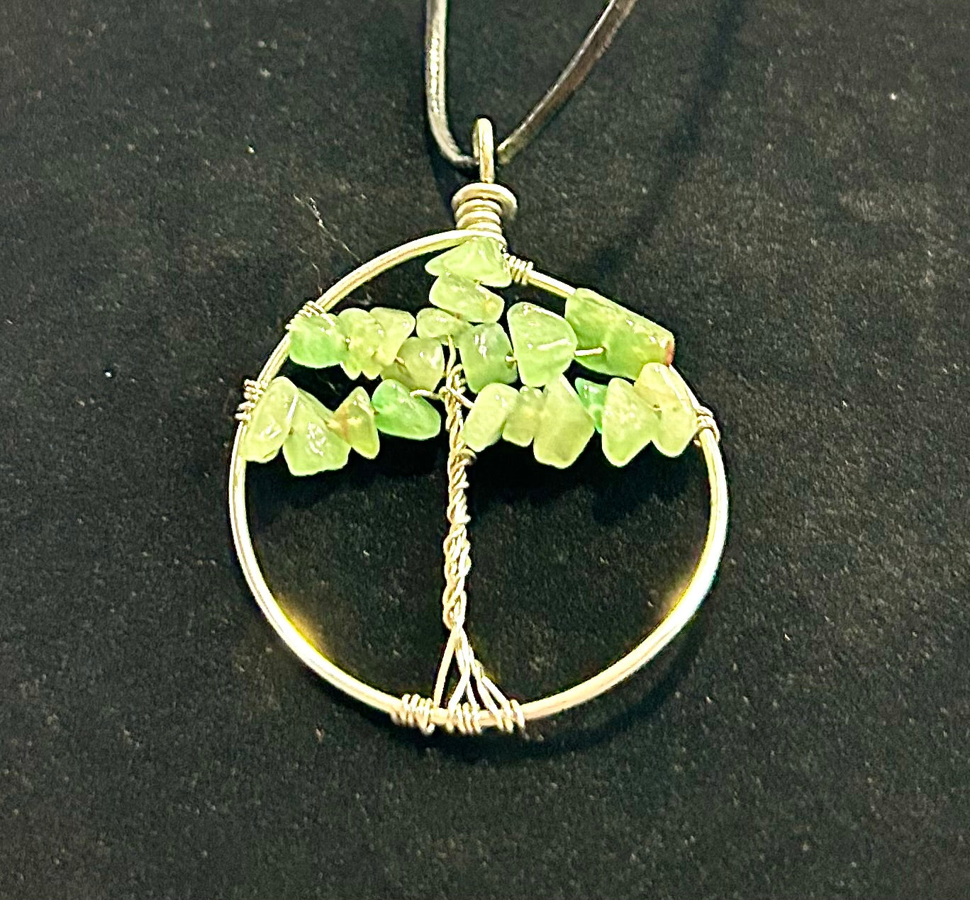 Green Aventurine Tree of Life - Silver Wire on Black Leather Cord
