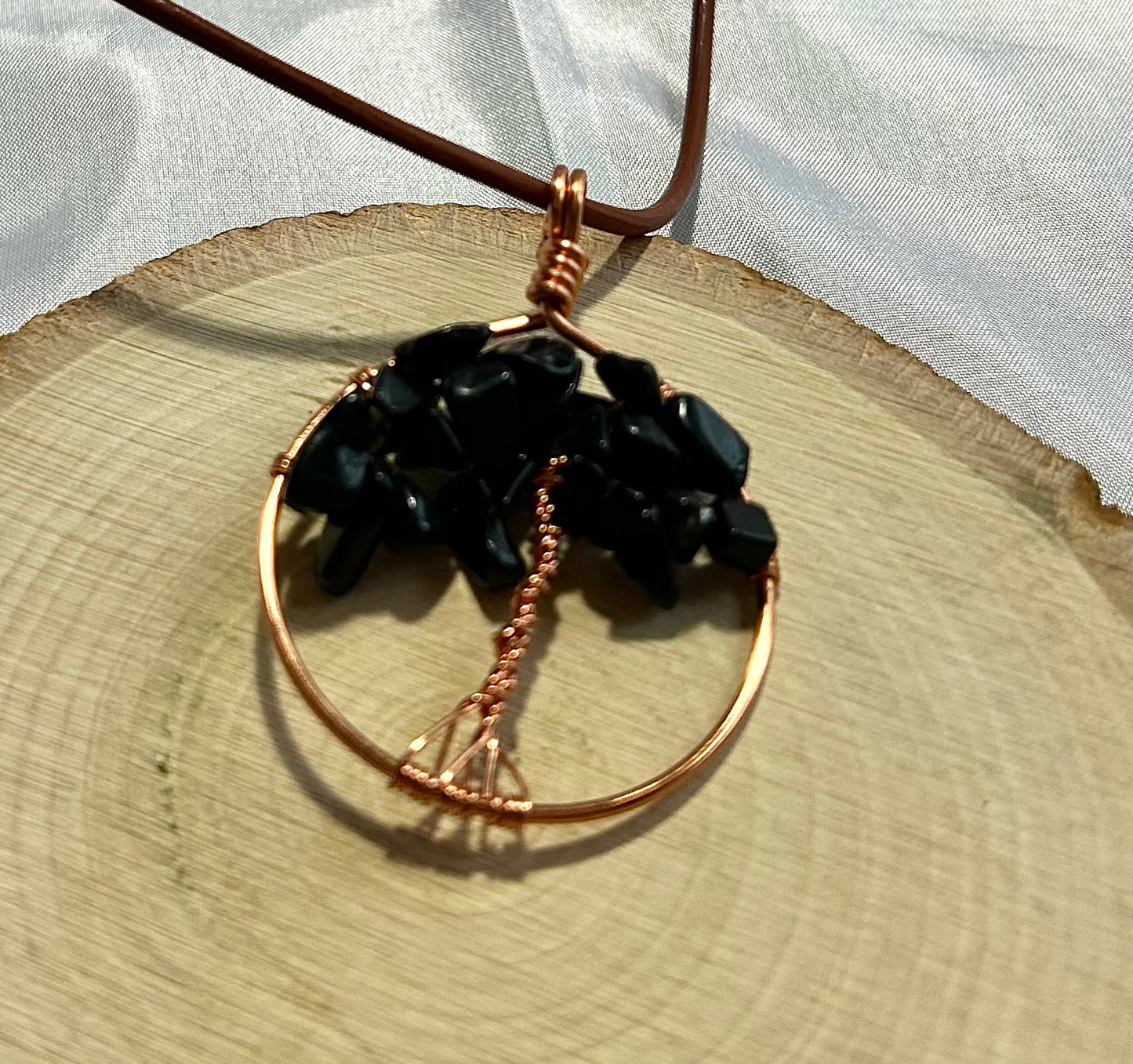 Black Quartz Tree of Life - Silver Wire on Black Leather Cord