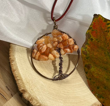 Carnelian Tree of Life Necklace - Bronze Wire on Red Leather Cord