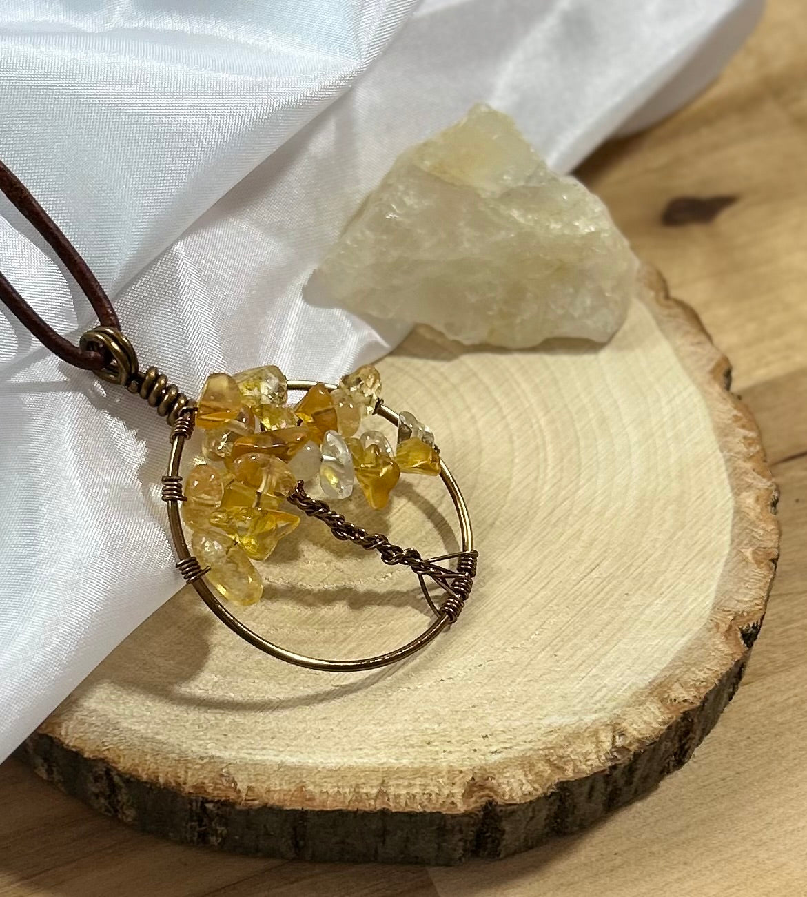 Citrine Tree of Life Necklace - Bronze Wire on Brown Leather Cord