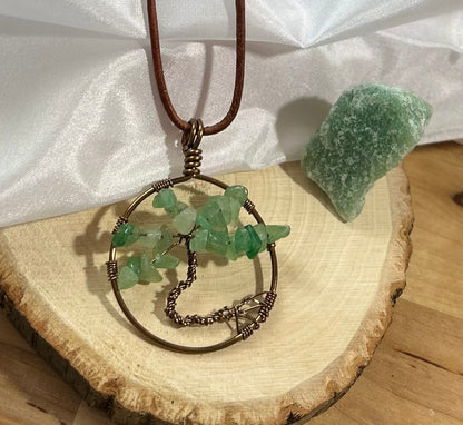 Green Aventurine Tree of Life Necklace - Bronze Wire on Brown Leather Cord