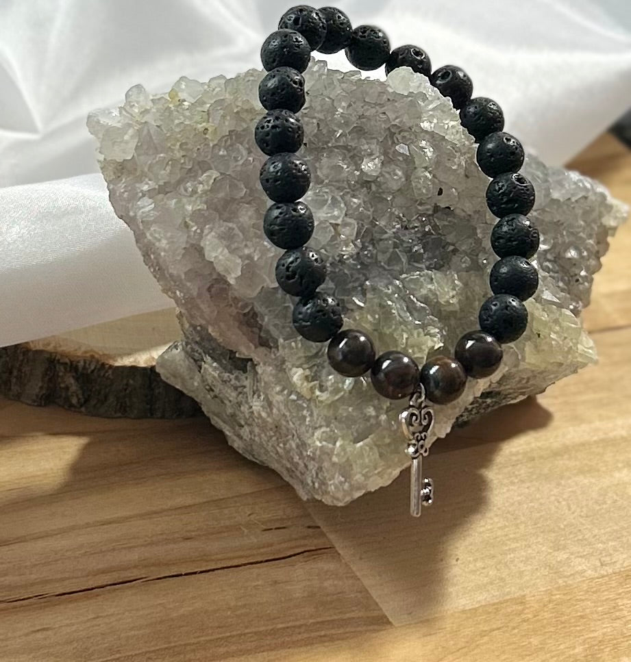 Tigers Eye and Lava Rock Bracelet with Key Charm - 8mm
