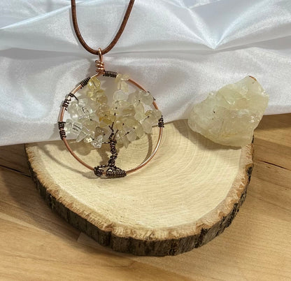 Citrine Tree of Life necklace - Copper Wire  on Brown Leather Cord