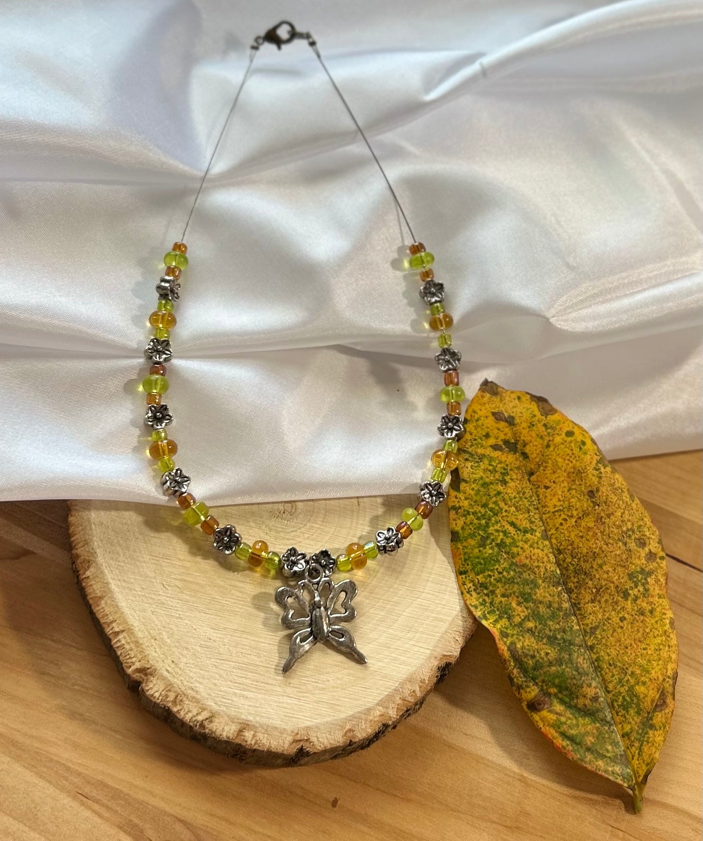 Green & Brown Beaded Choker with Butterfly Charm