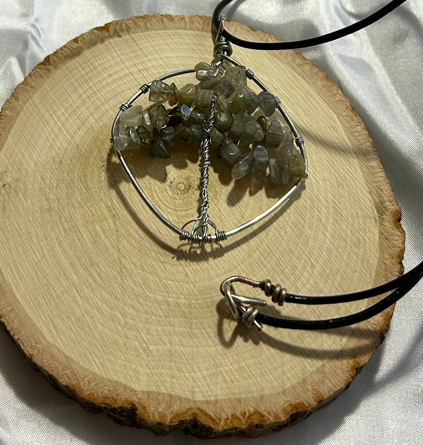 Smokey Quartz Tree of Life - Silver Wire on Black Leather Cord