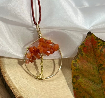 Carnelian Tree of Life Necklace - Gold Wire on Red Leather Cord