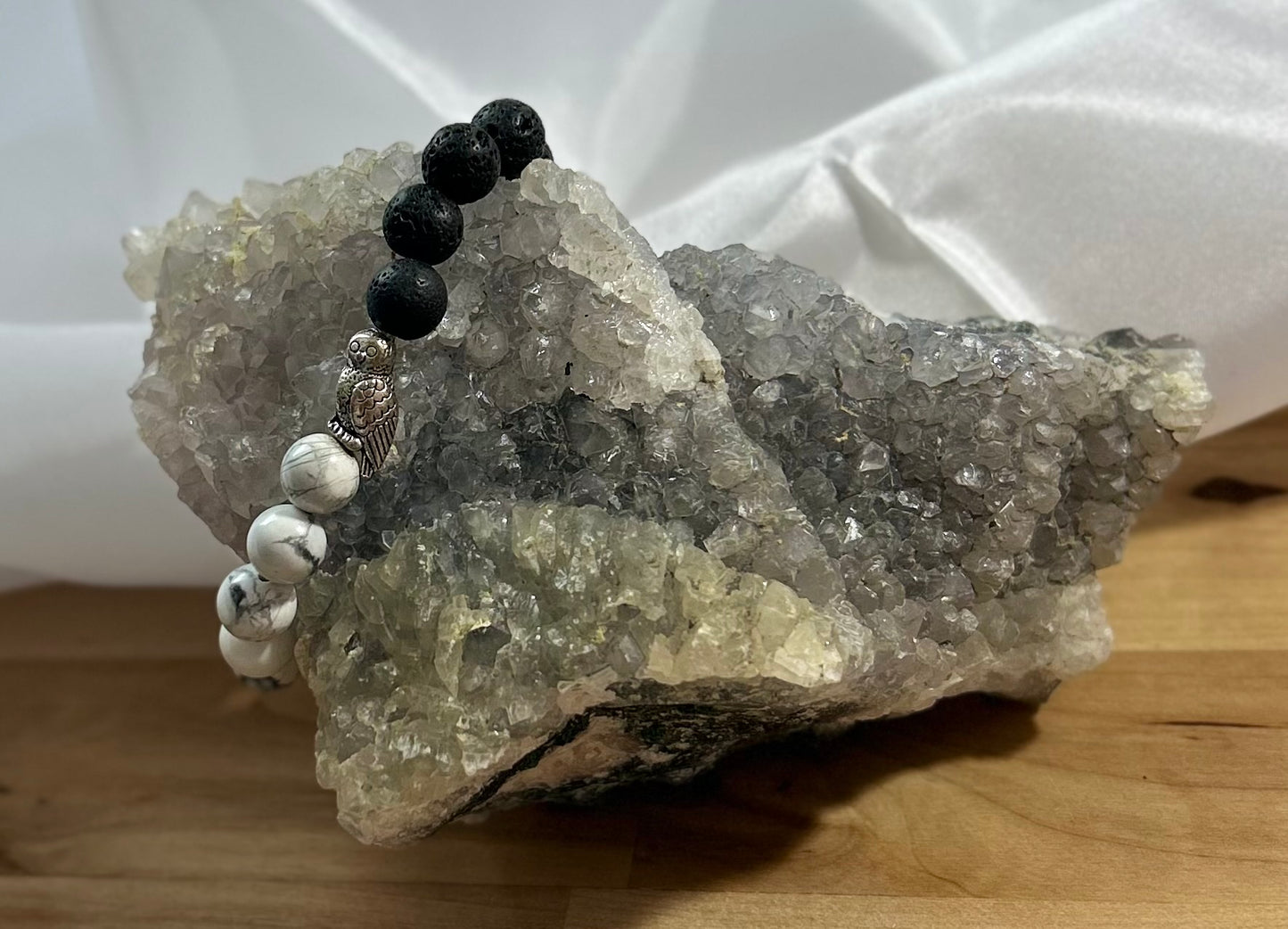 Howlite and Lava Rock Bracelet with Owl Charm - 8mm