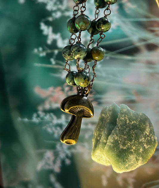 Chrysocolla Beaded Necklace With Bronze Mushroom Charm