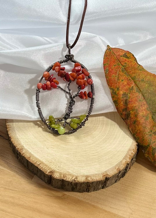 Red Jasper Tree of Life Necklace- Bronze Wire on Brown Leather Cord