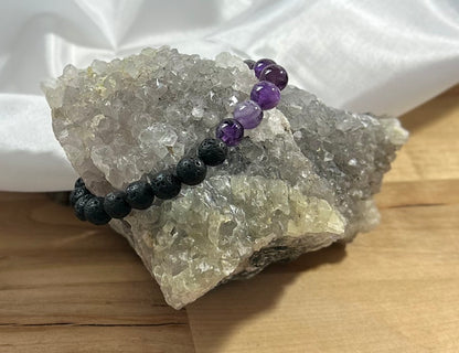 5 Amethyst Stones and Lava Rock Bracelet - 8mm