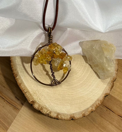 Citrine Tree of Life Necklace - Bronze Wire on Brown Leather Cord