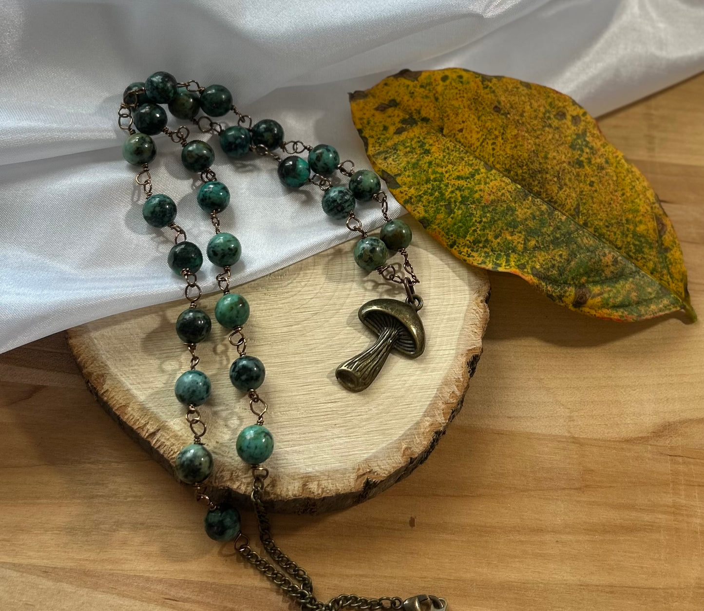 Chrysocolla Beaded Necklace With Bronze Mushroom Charm