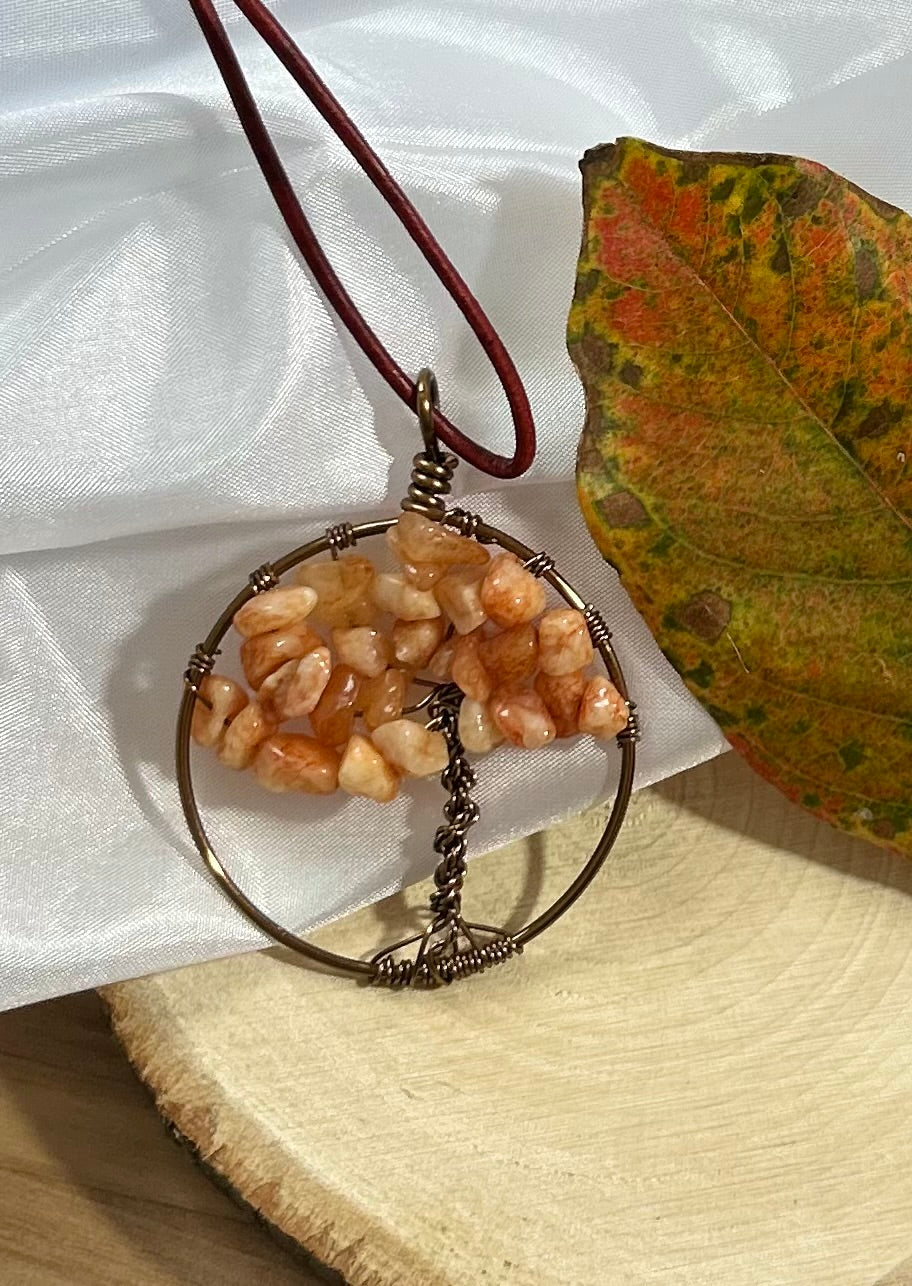 Carnelian Tree of Life Necklace - Bronze Wire on Red Leather Cord