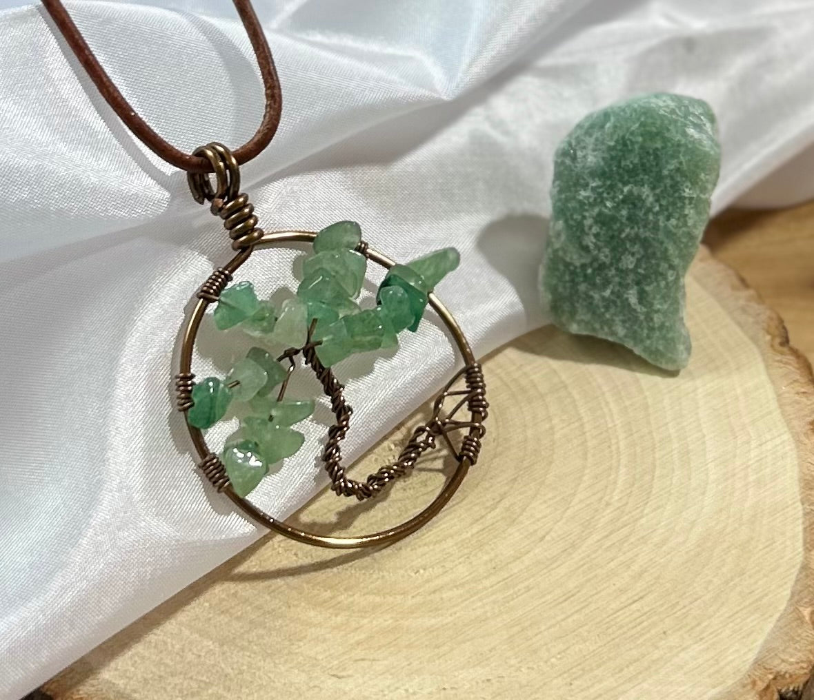 Green Aventurine Tree of Life Necklace - Bronze Wire on Brown Leather Cord