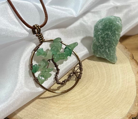 Green Aventurine Tree of Life Necklace - Bronze Wire on Brown Leather Cord