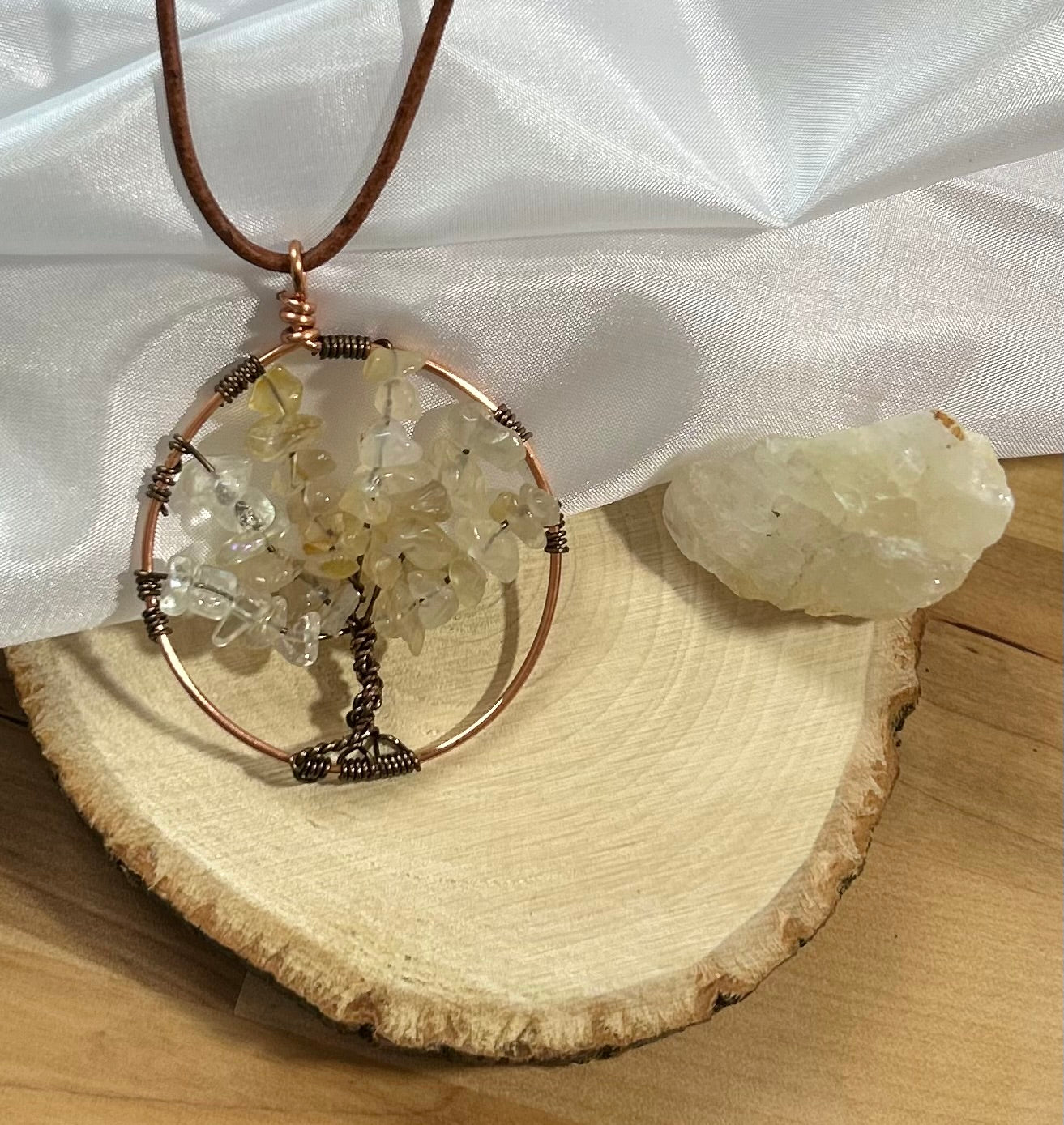 Citrine Tree of Life necklace - Copper Wire  on Brown Leather Cord