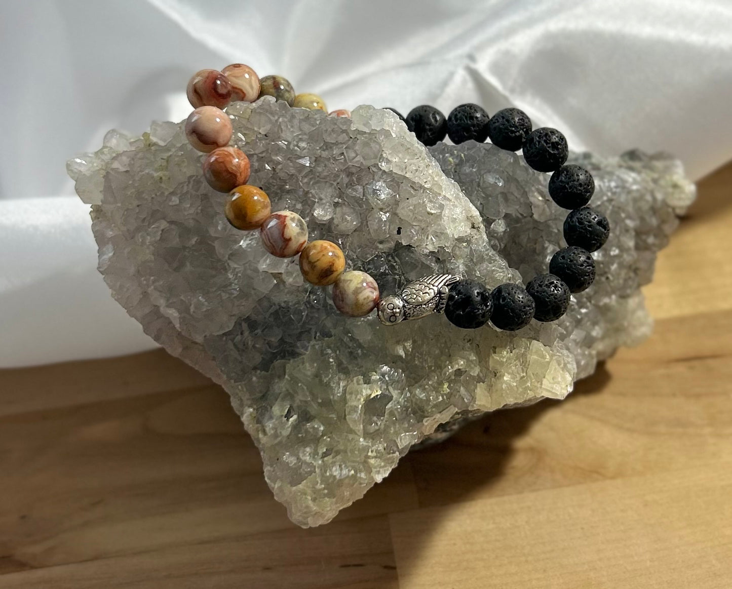 Jasper and Lava Rock Bracelet with Owl Charm - 8mm