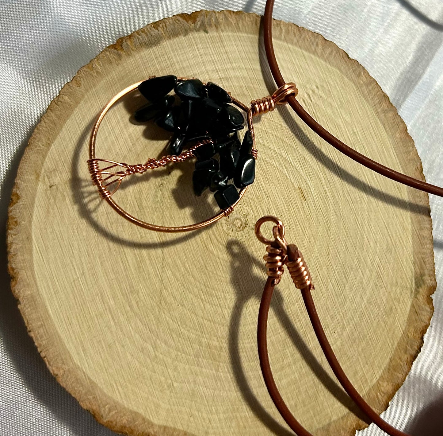 Black Quartz Tree of Life - Silver Wire on Black Leather Cord