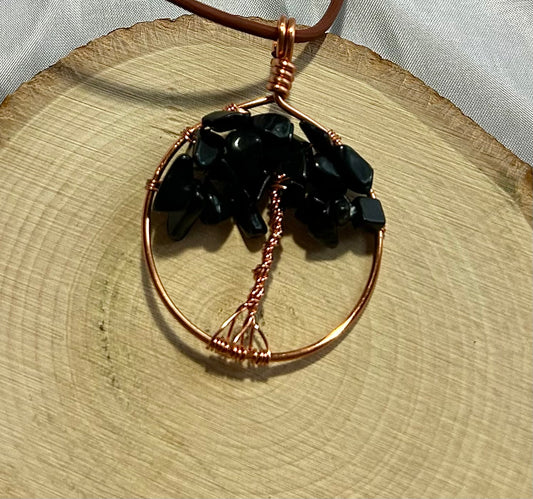 Black Quartz Tree of Life - Silver Wire on Black Leather Cord