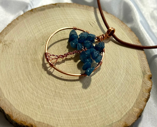 Kyanite Tree of Life - Copper Wire on Black Leather Cord