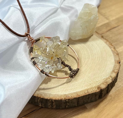 Citrine Tree of Life necklace - Copper Wire  on Brown Leather Cord