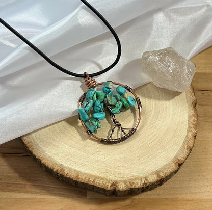 Turquoise Tree of Life Necklace - Copper Wire on Black Leather Cord