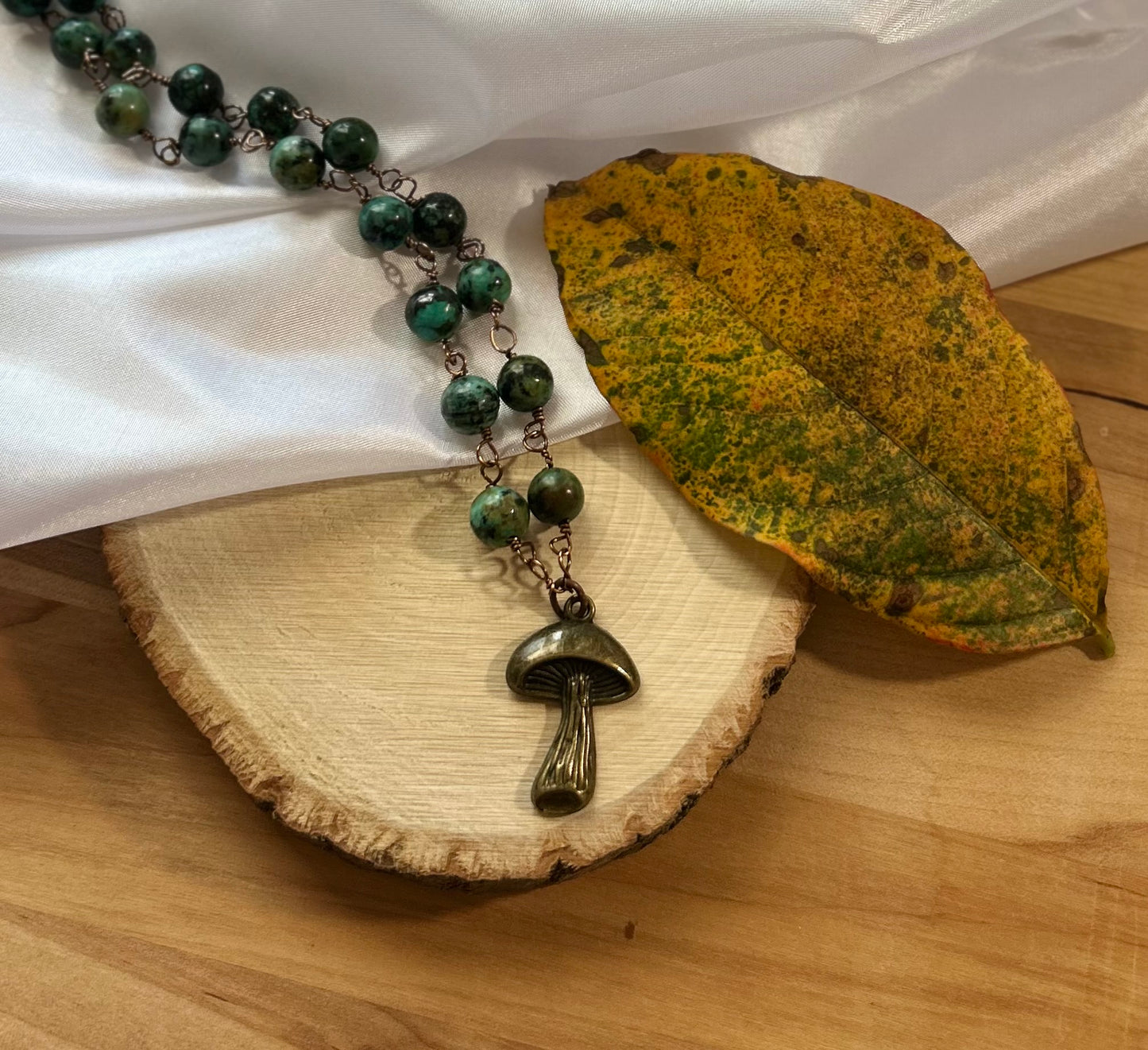 Chrysocolla Beaded Necklace With Bronze Mushroom Charm