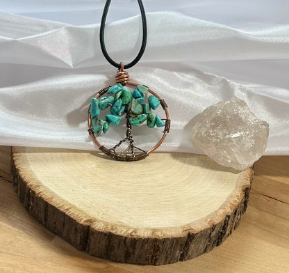 Turquoise Tree of Life Necklace - Copper Wire on Black Leather Cord